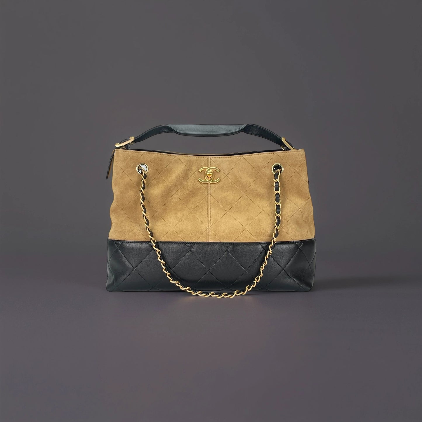 Chanel 25A Black Beige Suede Calfskin Lambskin 2Way Tote Bag