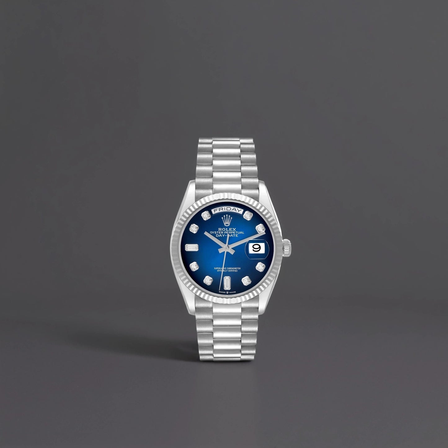 Rolex President Day-Date White Gold Blue Diamond Dial Mens Watch