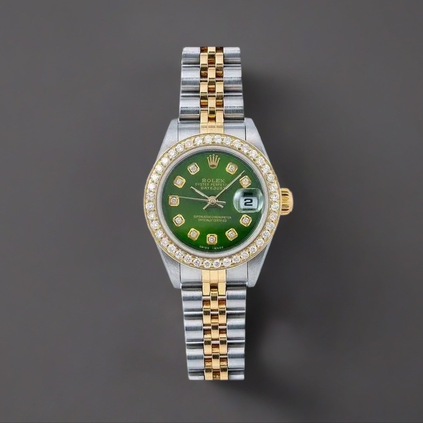 Rolex Datejust 26mm Steel Yellow Gold Green Diamond Dial