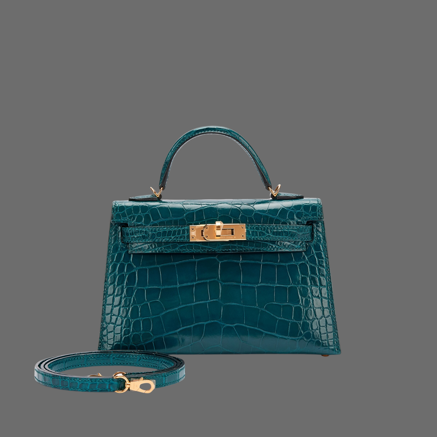 Vert Bosphore Shiny Alligator Mini Kelly II 20 Gold Hardware