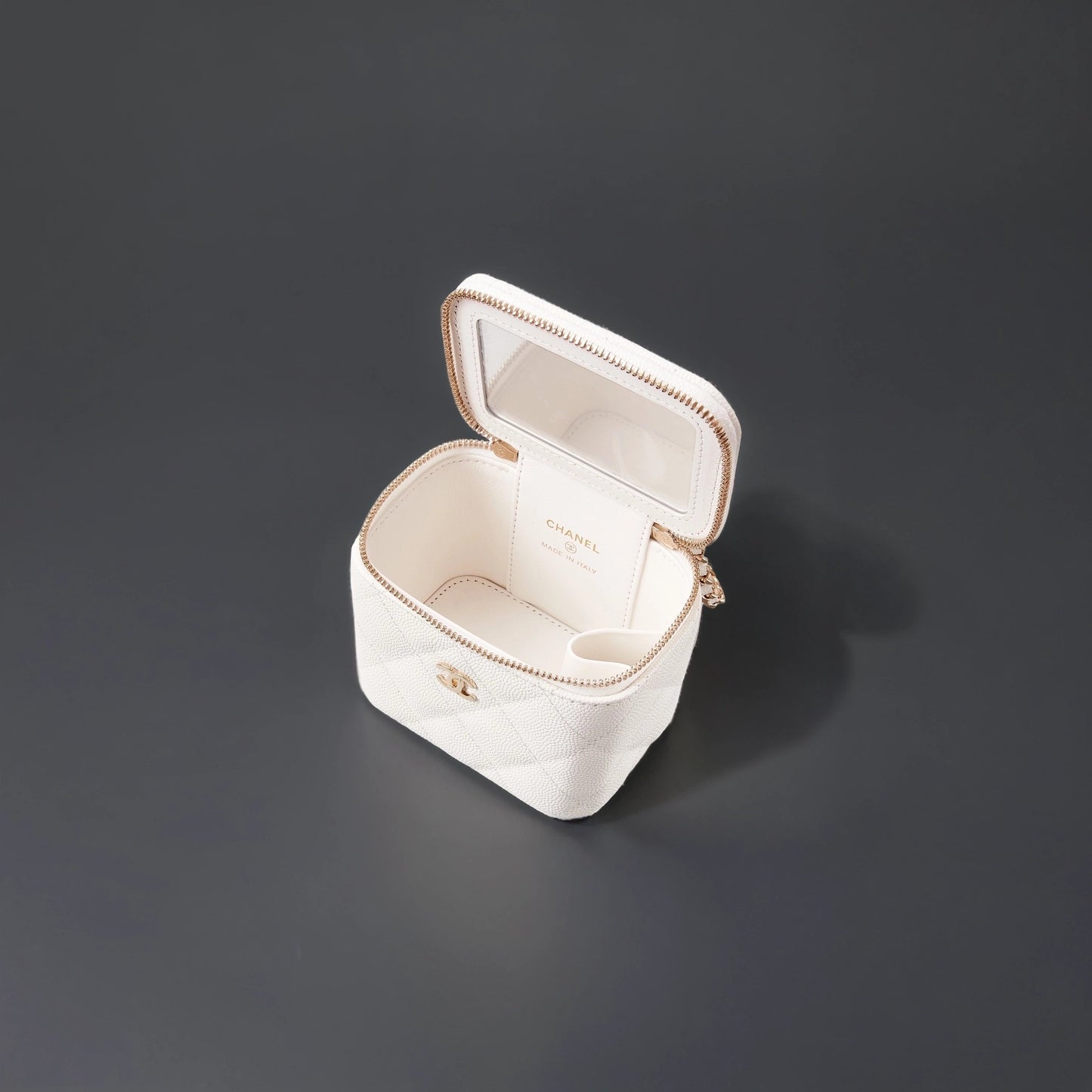 White Quilted Caviar Small Vanity with Chain Gold Hardware