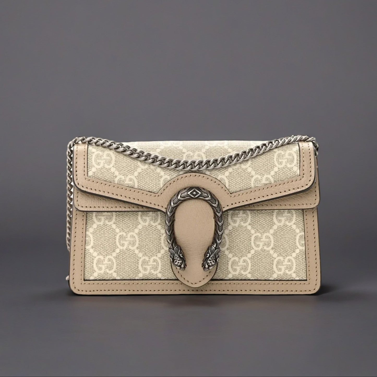 GG Supreme Monogram Textured Dollar Calfskin Super Mini Dionysus Shoulder Bag Beige Mystic White Oatmeal