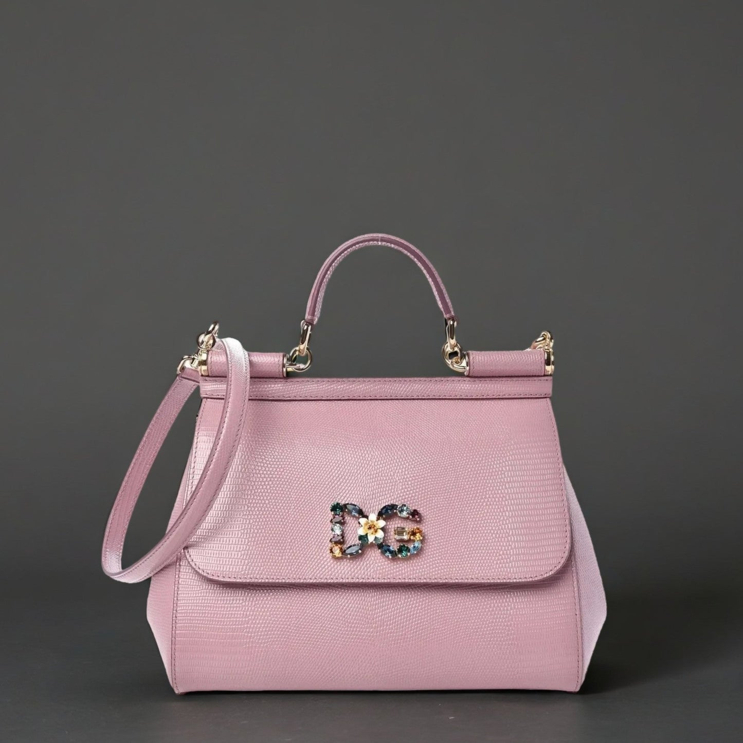 DOLCE & GABBANA Stampa Iguana Crystal Medium Miss Sicily Satchel Pink