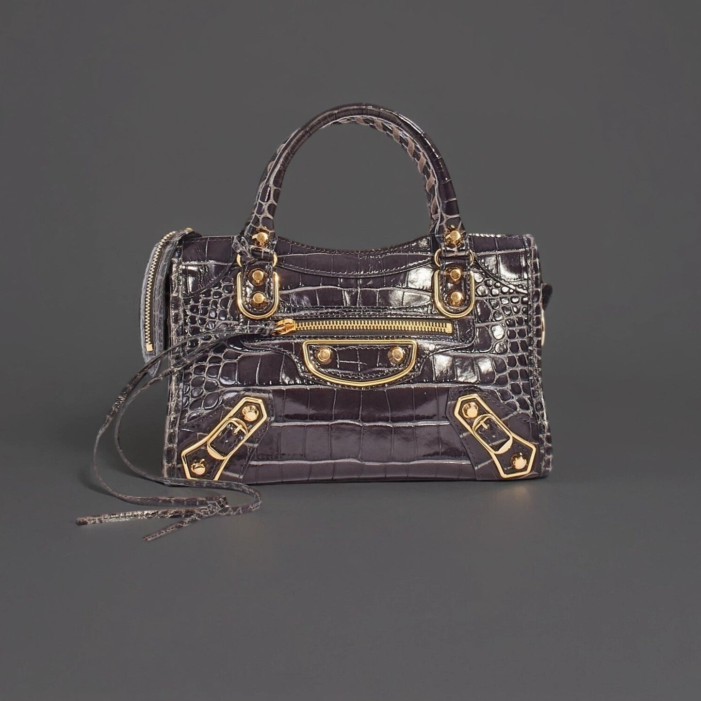 BALENCIAGA CROC EMBOSSED MOTOCROSS METALLIC EDGE NANO CITY BAG