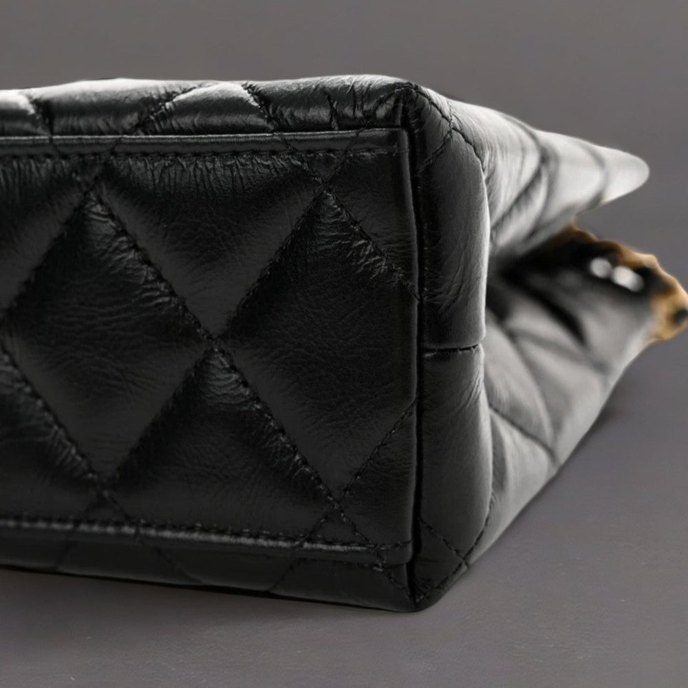 Shiny Aged Calfskin Quilted Nano Kelly Shopper Black