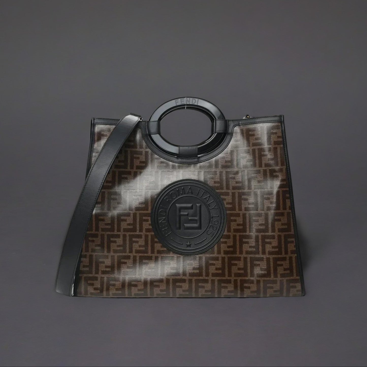 Glazed Fabric Vitello Century Plexiglass FF 1974 Stamp Patch Medium Runaway Shopper Tote Mogano Panna Black