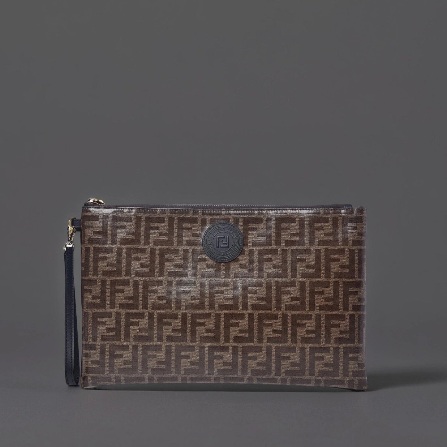 Glazed Fabric FF 1974 Stamp Patch Large Flat Pouch Mogano Panna Black