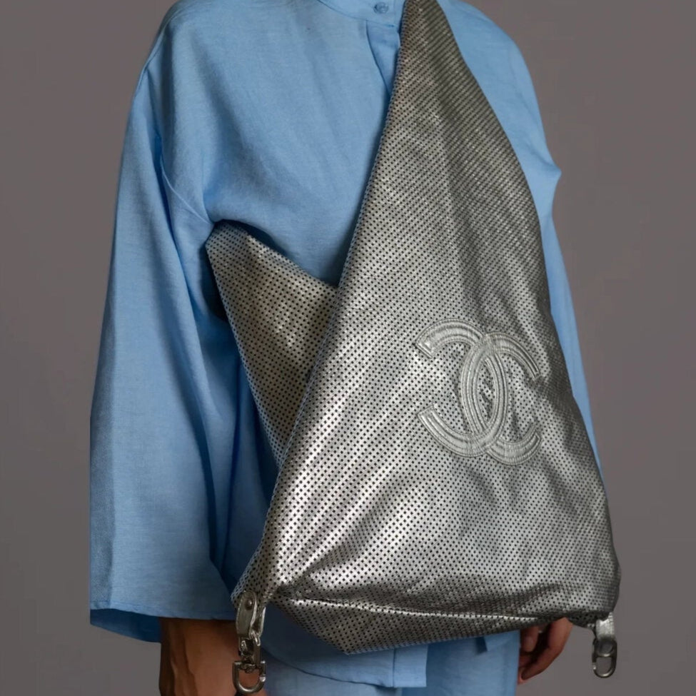 Metallic Glazed Calfskin Perforated XL Rodeo Drive Triangle Tote Silver