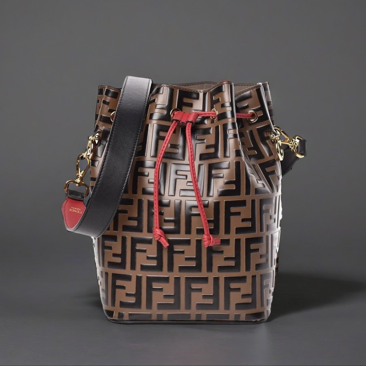 Calfskin F is Fendi FF 1974 Embossed Grande Mon Tresor Bucket Bag Maya Black Fragola