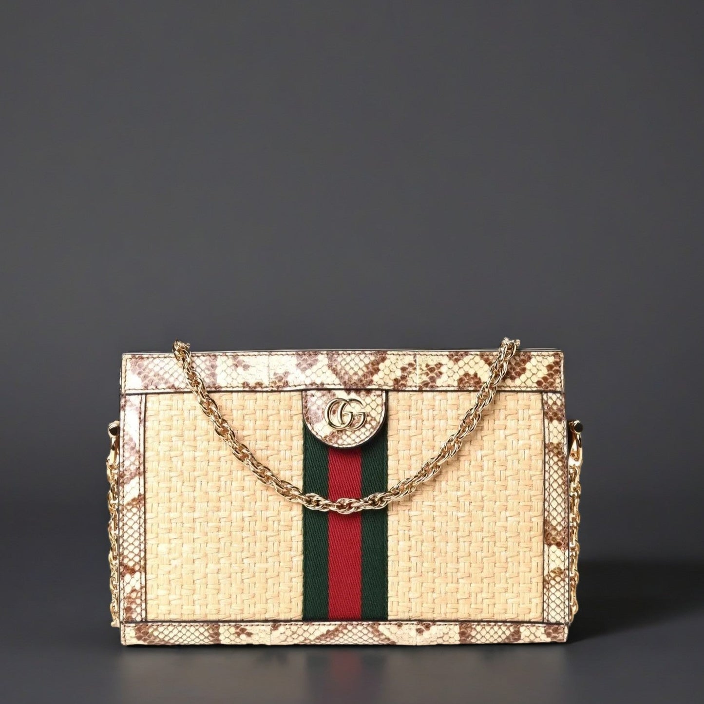 Raffia Watersnake GG Small Ophidia Chain Shoulder Bag Beige