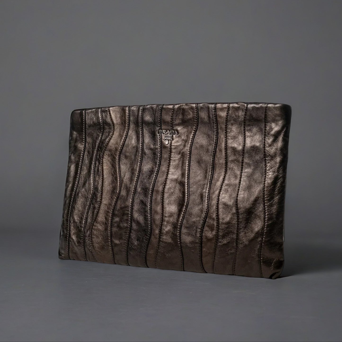 Nappa Stripes Waves Clutch Metallic Brown