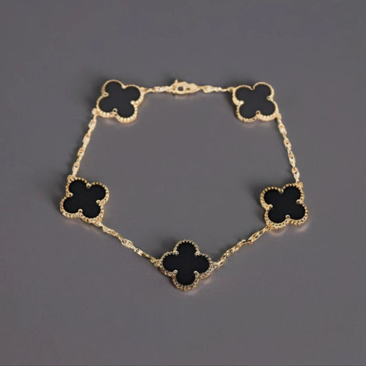 18K Yellow Gold Black Onyx 5 Motifs Vintage Alhambra Bracelet