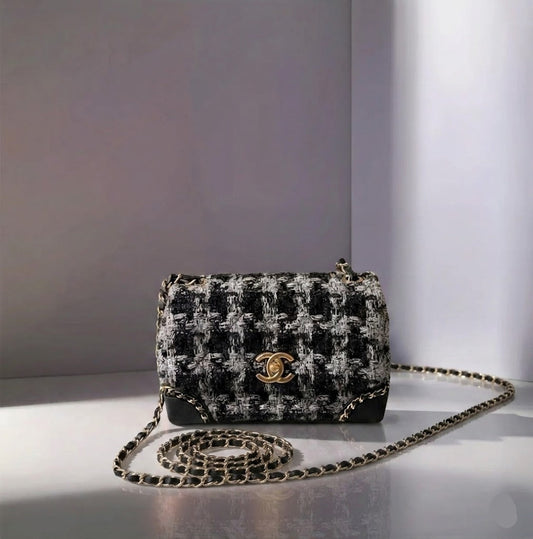 CHANEL Mini Flag Bag Black & Grey Tweed Aged Gold Hardware