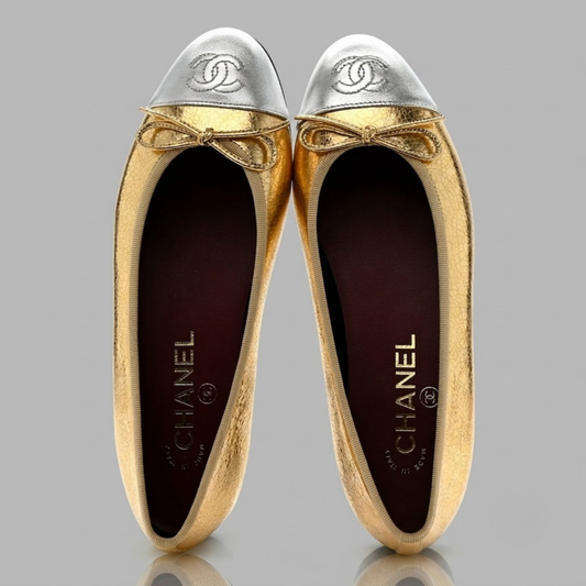 Crackled Laminated Calfskin CC Cap Toe Ballerina Flats 37.5 Gold Silver