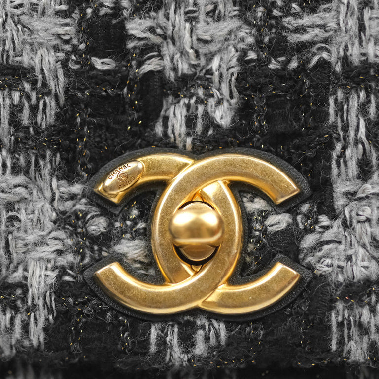 CHANEL Mini Flag Bag Black & Grey Tweed Aged Gold Hardware