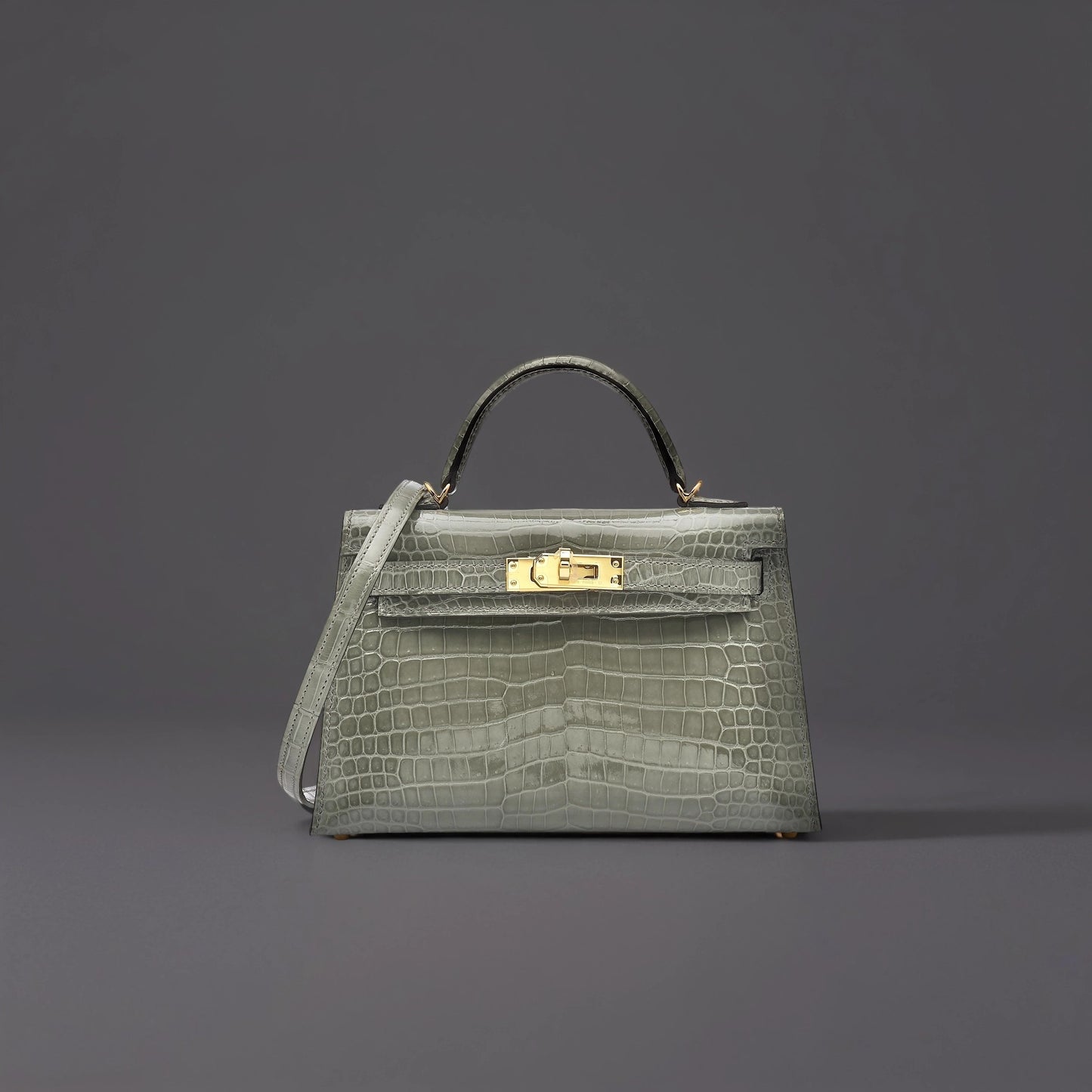 Shiny Alligator Mini Kelly Sellier 20 Gris Ciment