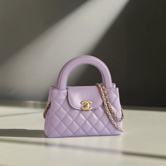 Shiny Aged Calfskin Quilted Nano Kelly Shopper Lilac