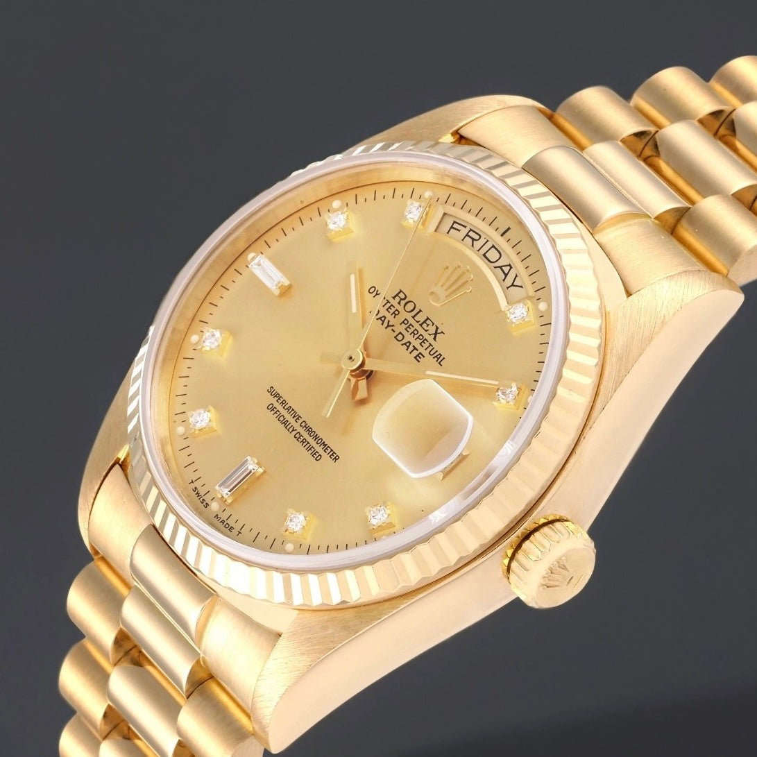 Rolex 36 President Day-Date 18k Yellow Gold Diamond Watch