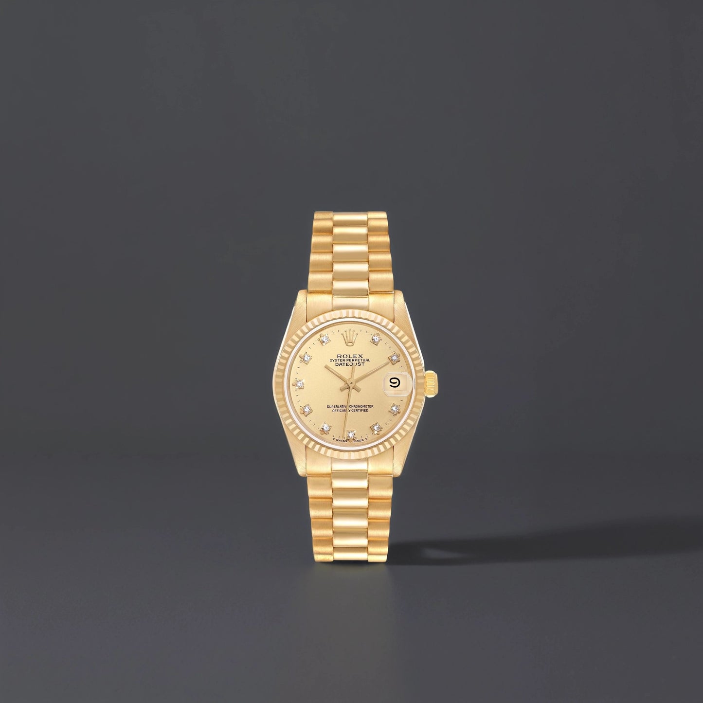 Rolex President Midsize 31 Yellow Gold Diamond Dial Ladies Watch