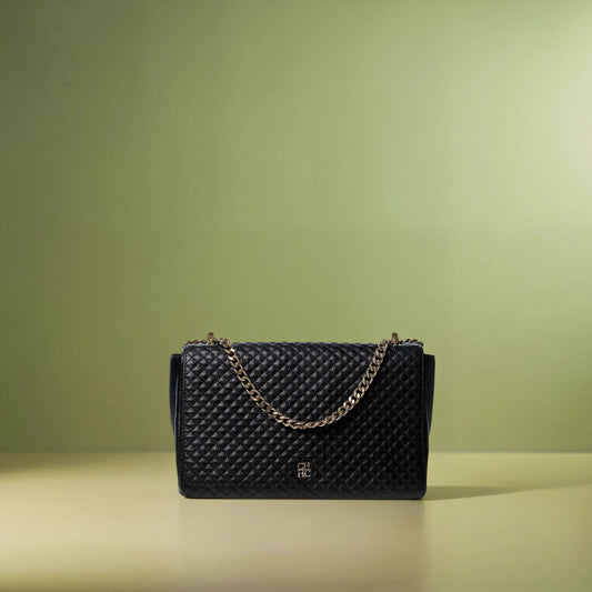 CAROLINA HERRERA BLACK QUILTED LEATHER FLAP CHAIN SHOULDER BAG
