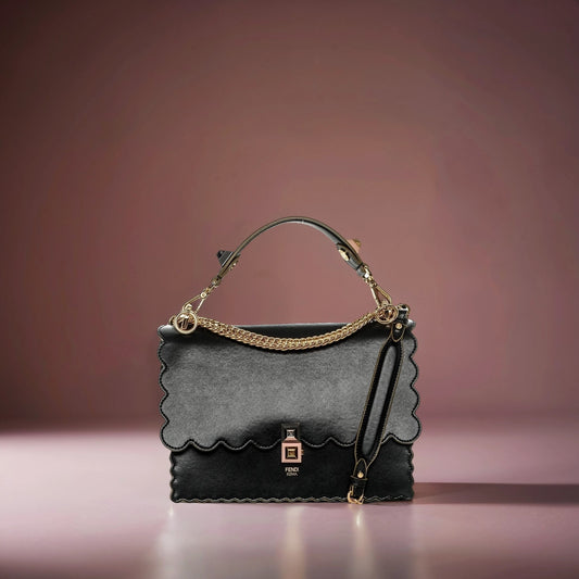 Smooth Calfskin Scalloped Studded Kan I Shoulder Bag Black