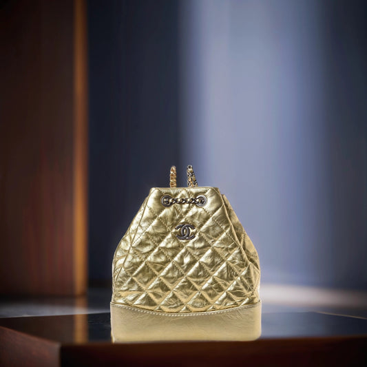 Metallic Aged Calfskin Quilted Gabrielle Backpack Gold