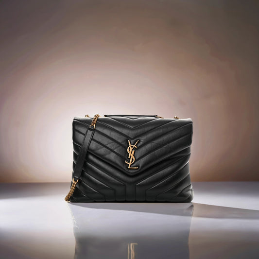 Calfskin Y Quilted Monogram Medium Loulou Chain Satchel Black