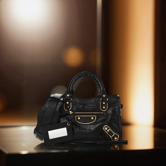 Calfskin Crocodile Embossed Gold Metallic Edge Hardware Mini City Black