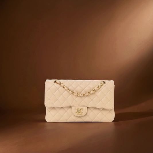 Caviar Quilted Medium Double Flap Beige