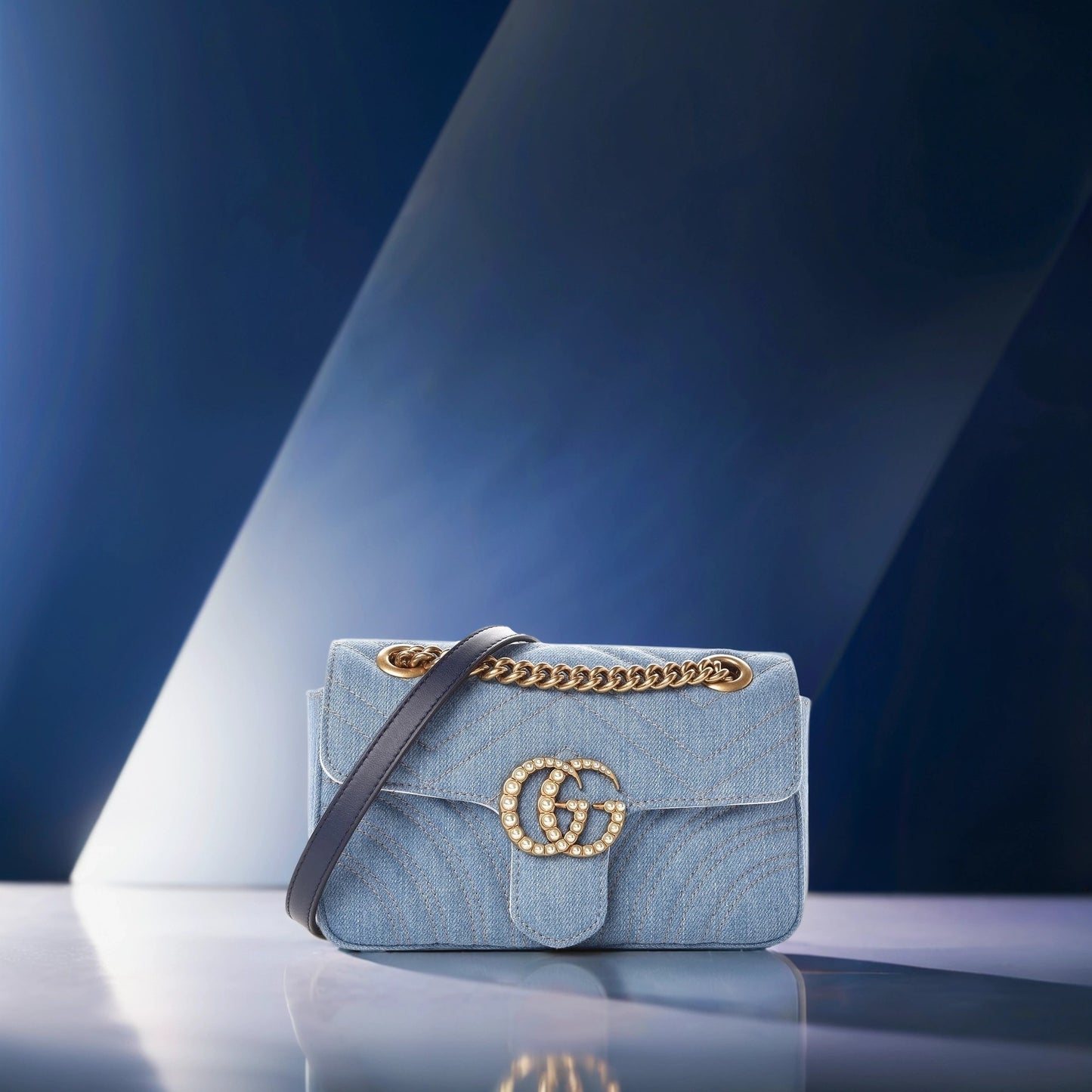 Denim Matelasse Mini Pearly GG Marmont Shoulder Bag Blue
