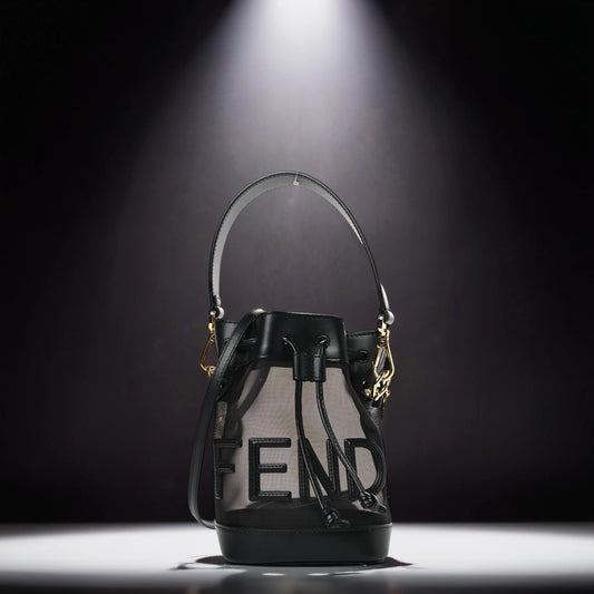 Mesh Vitello King F is Fendi Logo Embroidered Mini Mon Tresor Bucket Bag Black