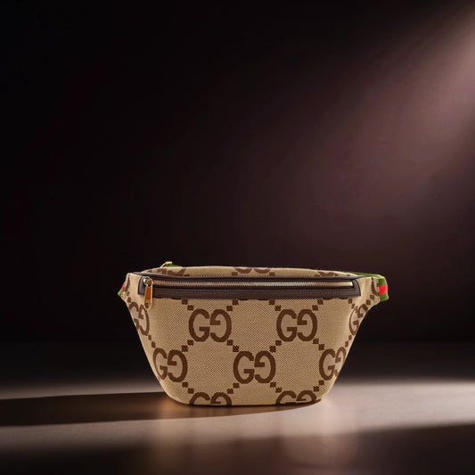 Monogram Jumbo GG Textured Dollar Calfskin Web Belt Bag Camel Ebony New Acero