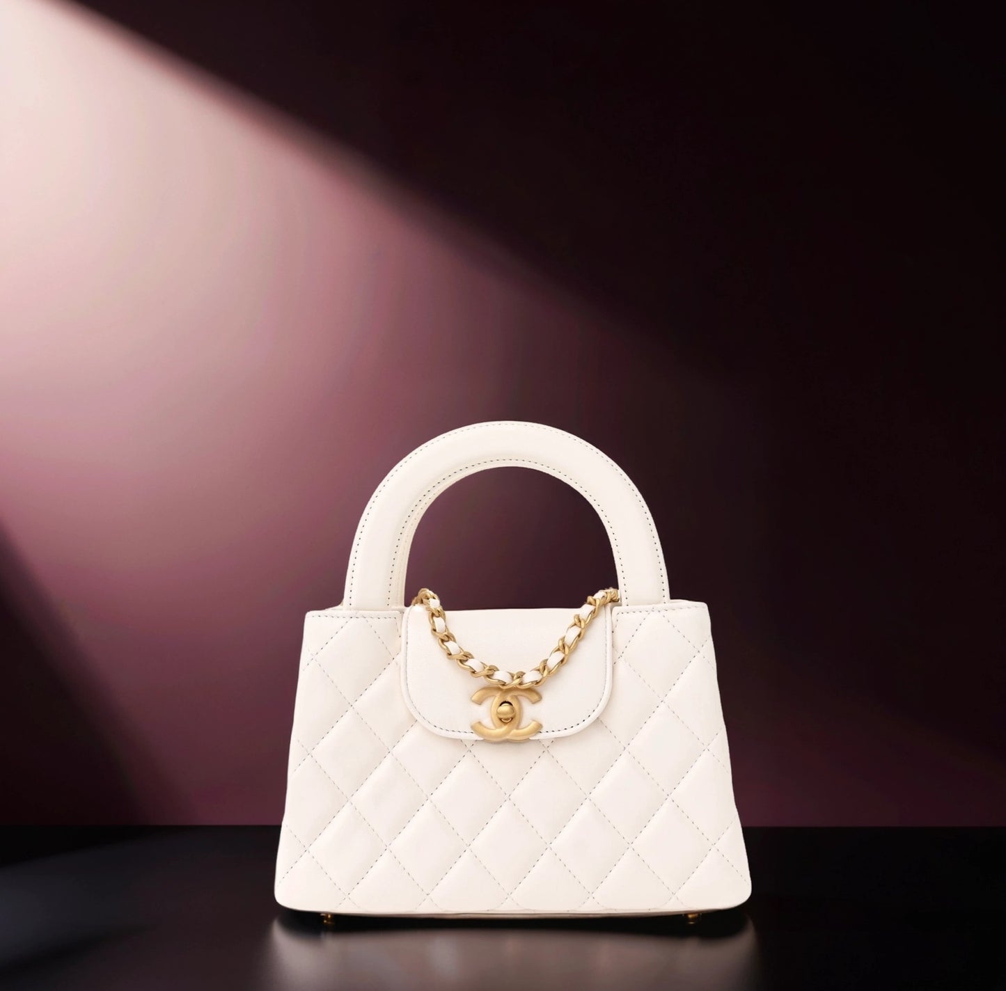 Shiny Aged Calfskin Quilted Nano Kelly Shopper White