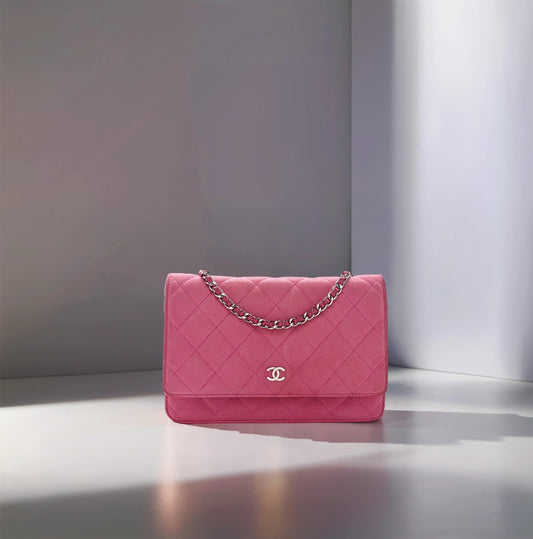 Iridescent Caviar Quilted Wallet on Chain WOC Pink