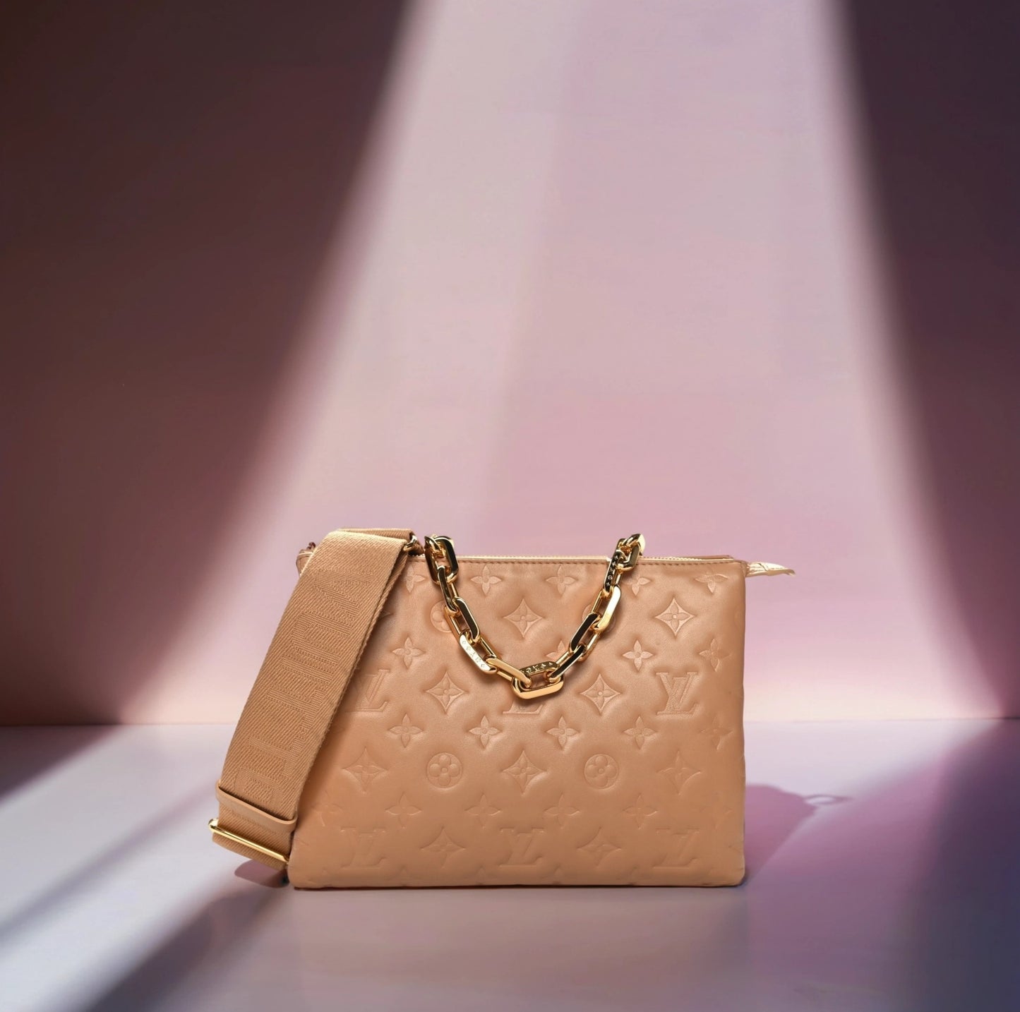 Lambskin Embossed Monogram Coussin PM Camel