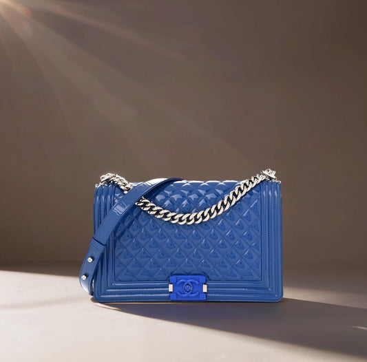 Blue Quilted Patent Leather New Medium Plexiglass Boy Bag
