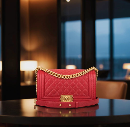 Chanel Red Quilted Caviar Medium Boy Bag Antique Gold Hardware
