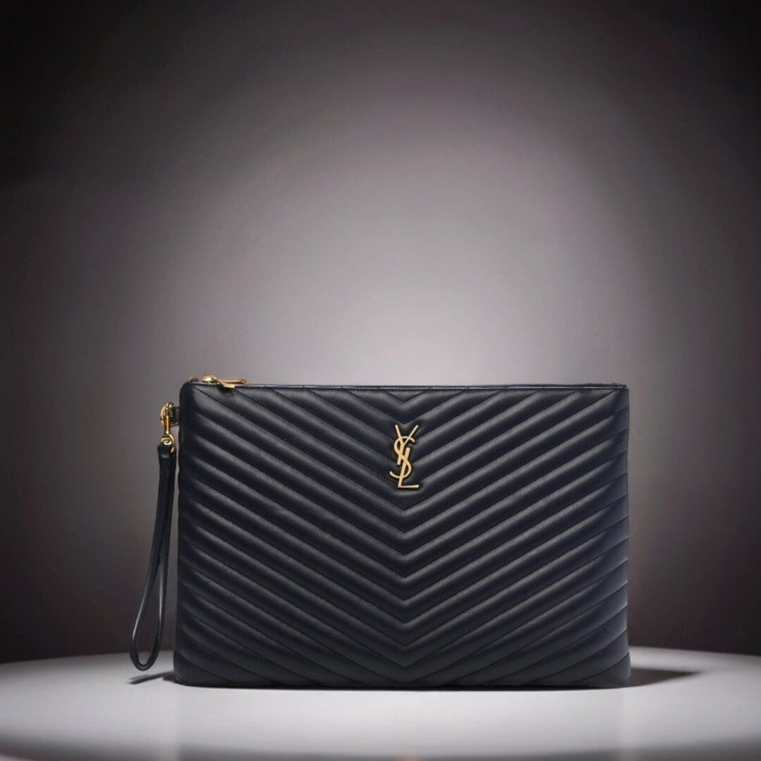 Calfskin Matelasse Chevron Monogram Document Holder Black