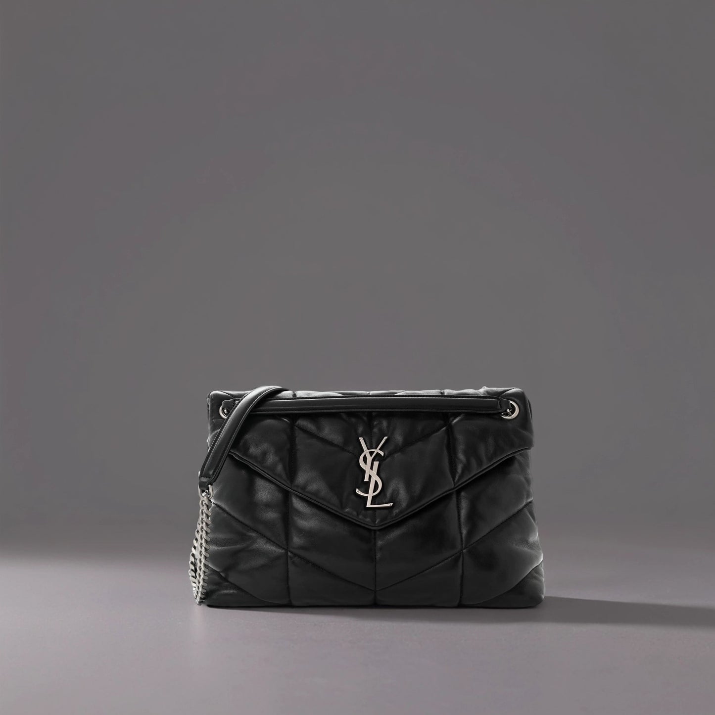 Lambskin Quilted Medium Loulou Puffer Monogram Chain Satchel Black