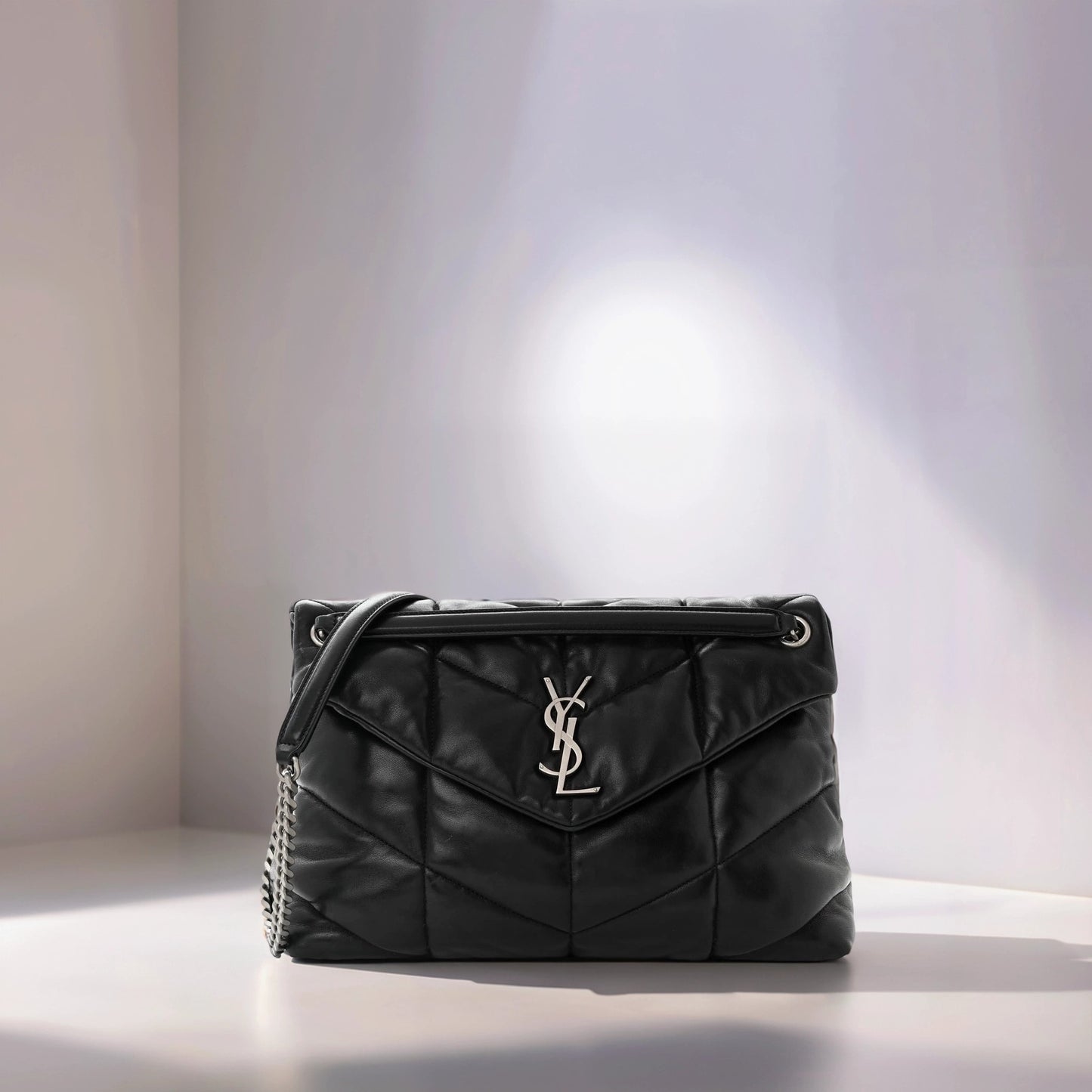 Lambskin Quilted Medium Loulou Puffer Monogram Chain Satchel Black