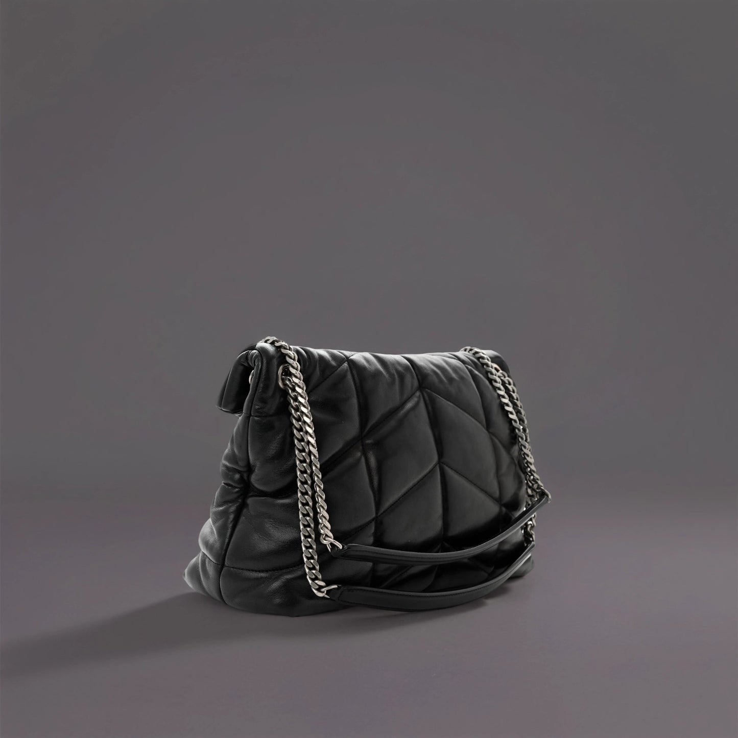 Lambskin Quilted Medium Loulou Puffer Monogram Chain Satchel Black