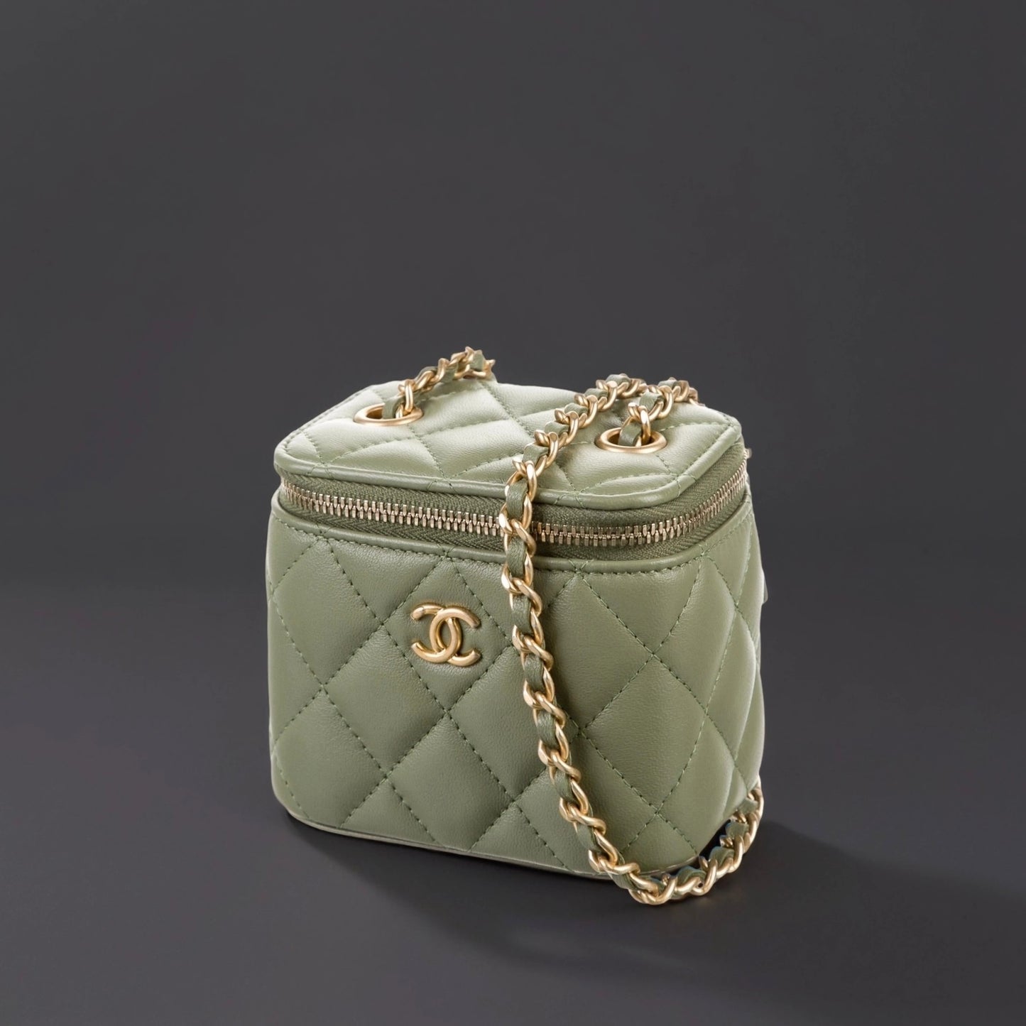 Lambskin Quilted Pearl Crush Mini Vanity Case With Chain Olive Green