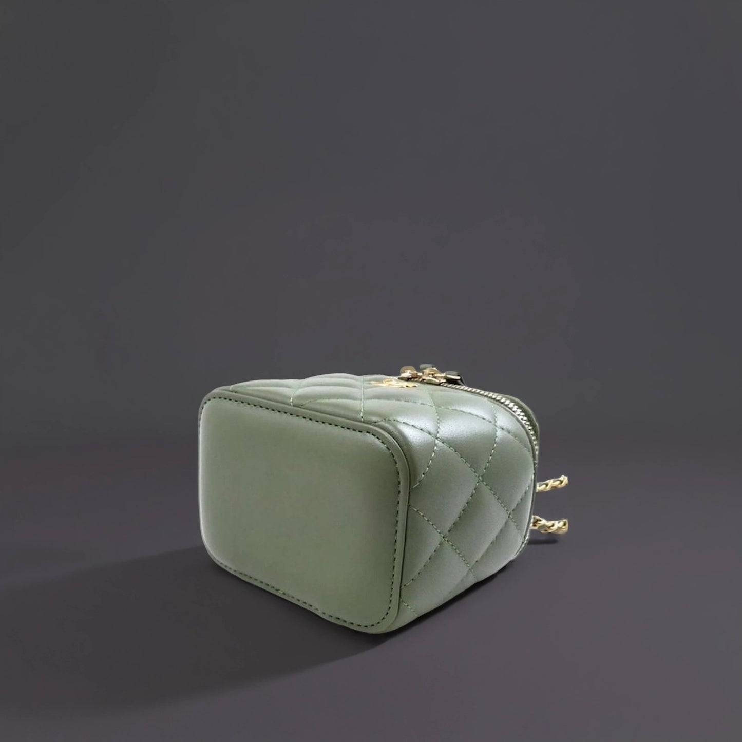 Lambskin Quilted Pearl Crush Mini Vanity Case With Chain Olive Green