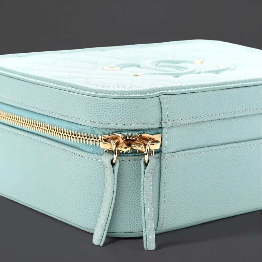 Caviar Quilted Medium CC Filigree Vanity Case Light Blue