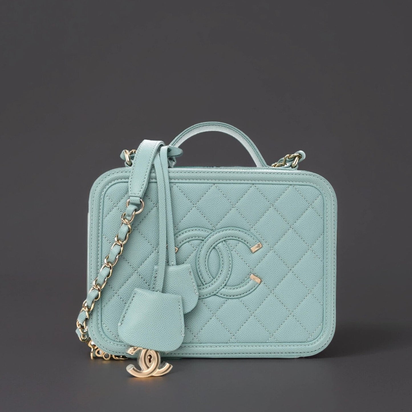 Caviar Quilted Medium CC Filigree Vanity Case Light Blue