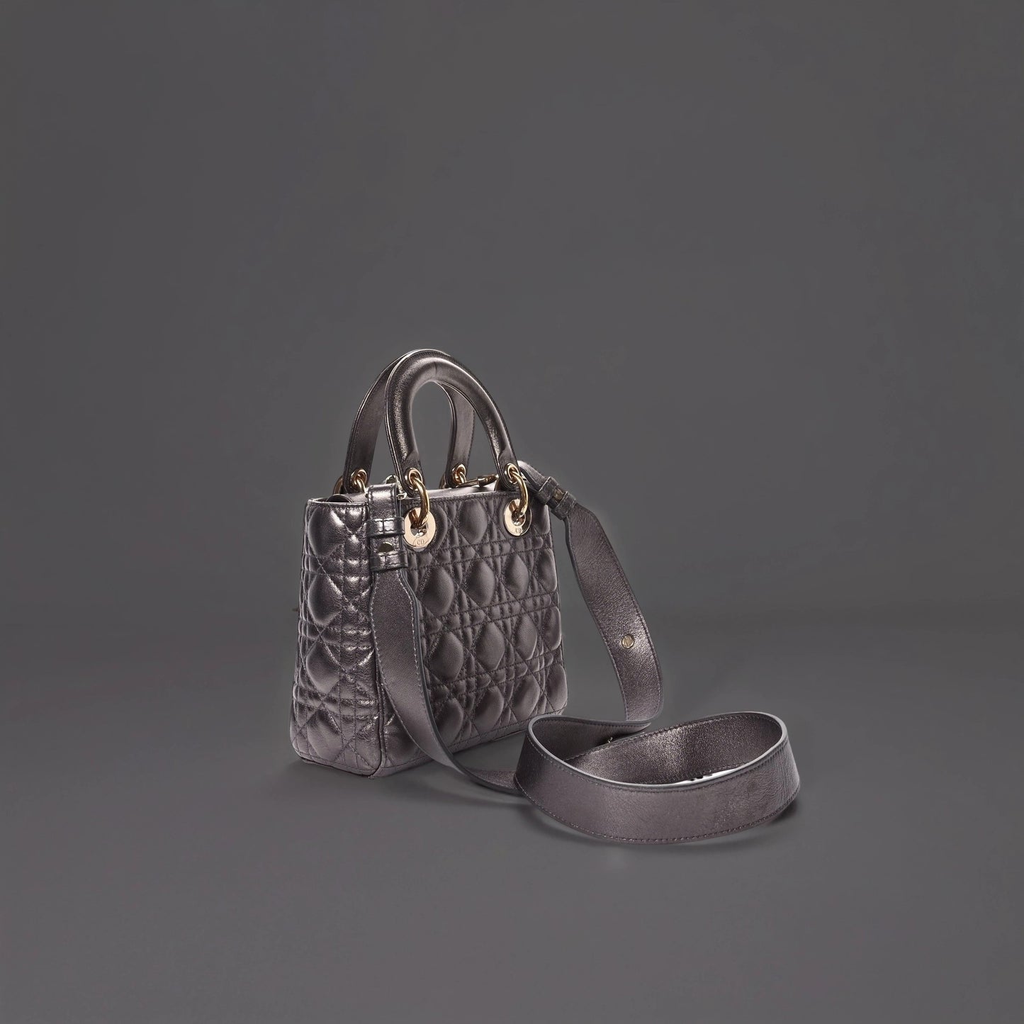 Metallic Grained Calfskin Cannage Small Lady Dior Gunmetal
