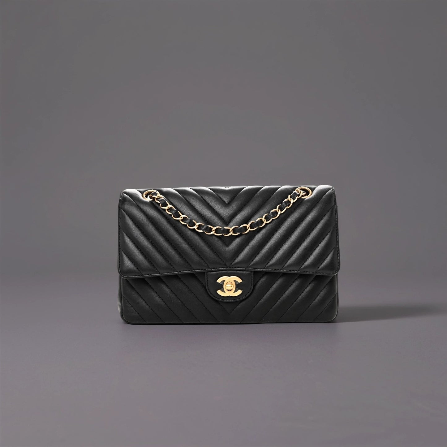 Lambskin Chevron Quilted Medium Double Flap Black