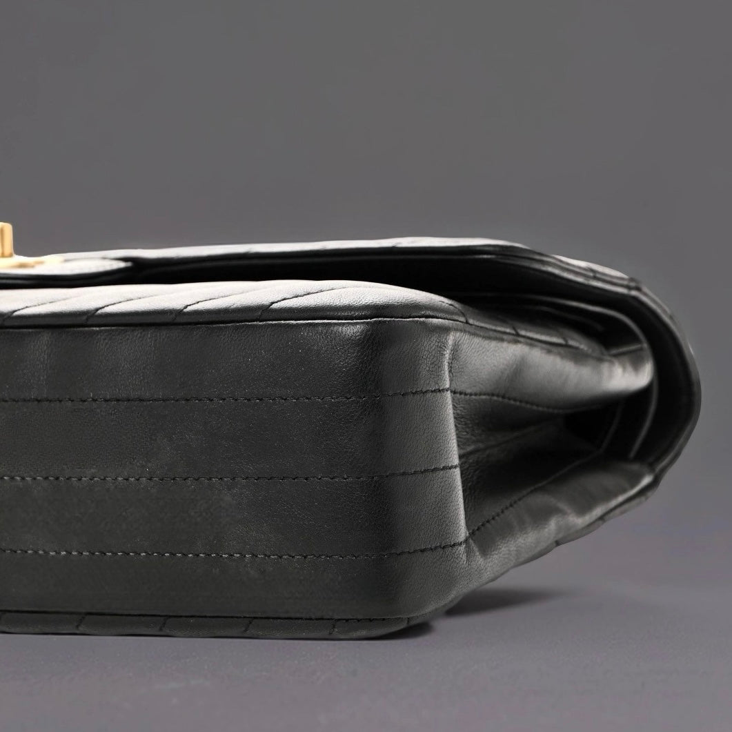 Lambskin Chevron Quilted Medium Double Flap Black