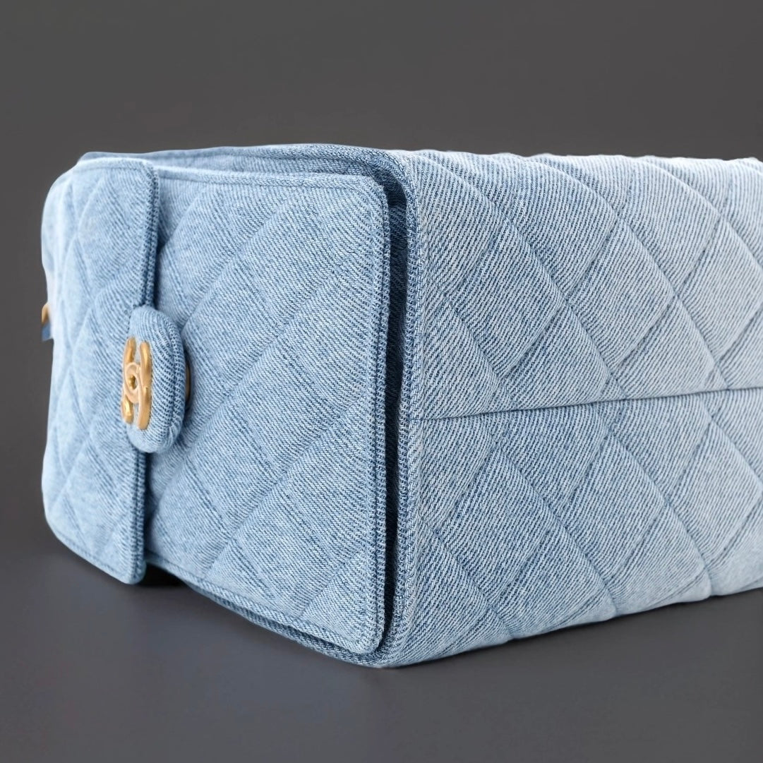 Denim Quilted Small Chanel 25 Handbag Blue