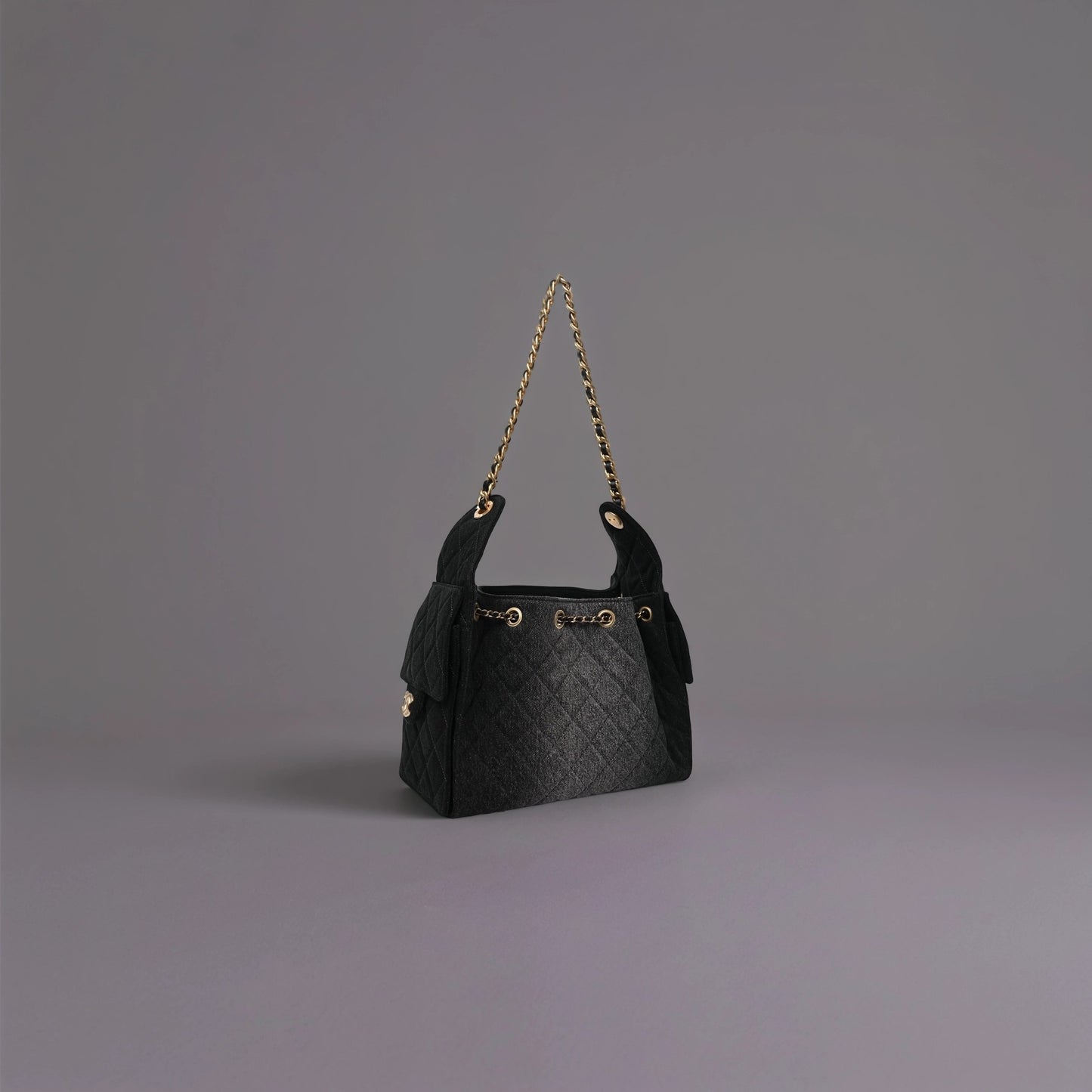 Washed Denim Quilted Small Chanel 25 Handbag Black